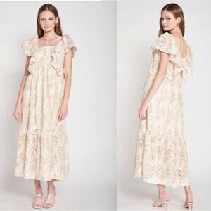EN SAISON Eyelet Flutter Sleeve Midi-Dress Fields of Gold Size Medium
